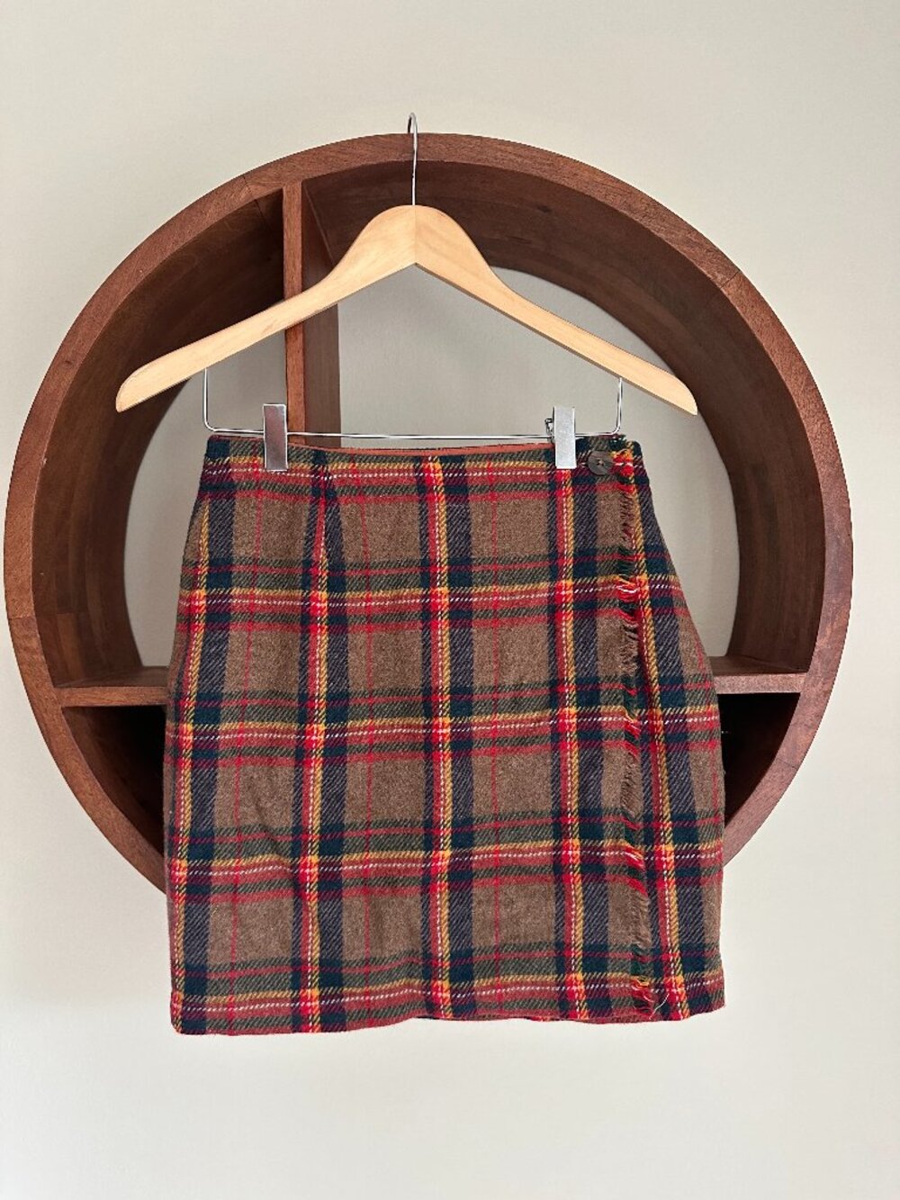 Vintage Gap Brown Plaid Wool Wrap Mini Skirt Tartan Academia Size 6